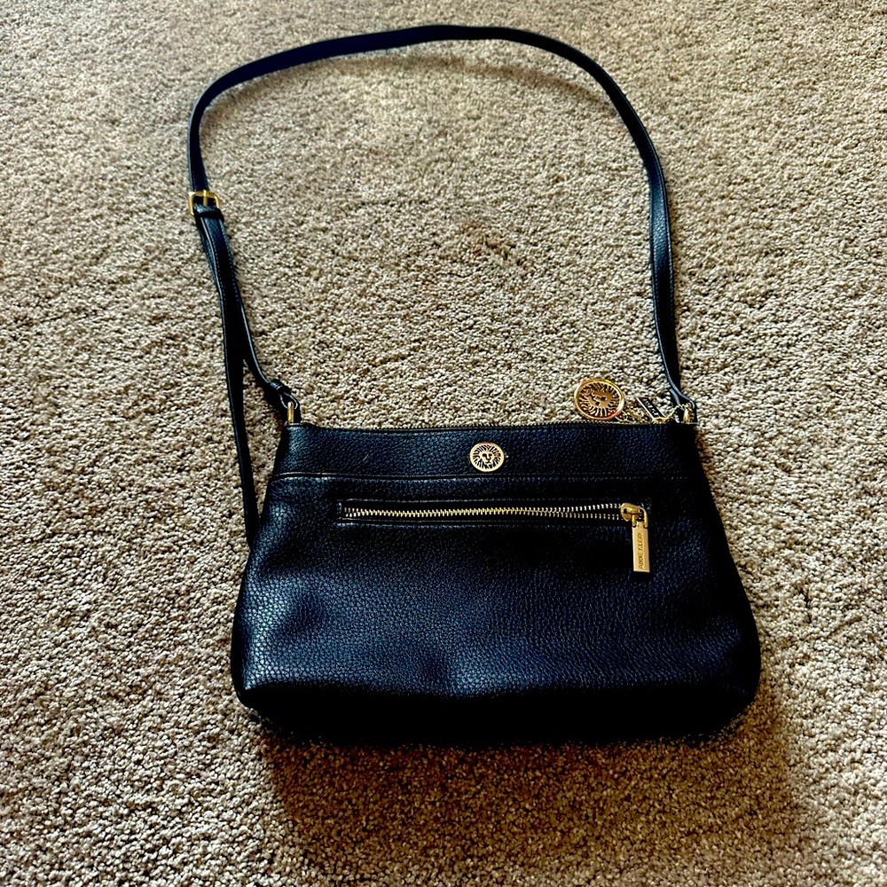 Anne Klein Black Pebbled Leather Crossbody with Gold Hardware